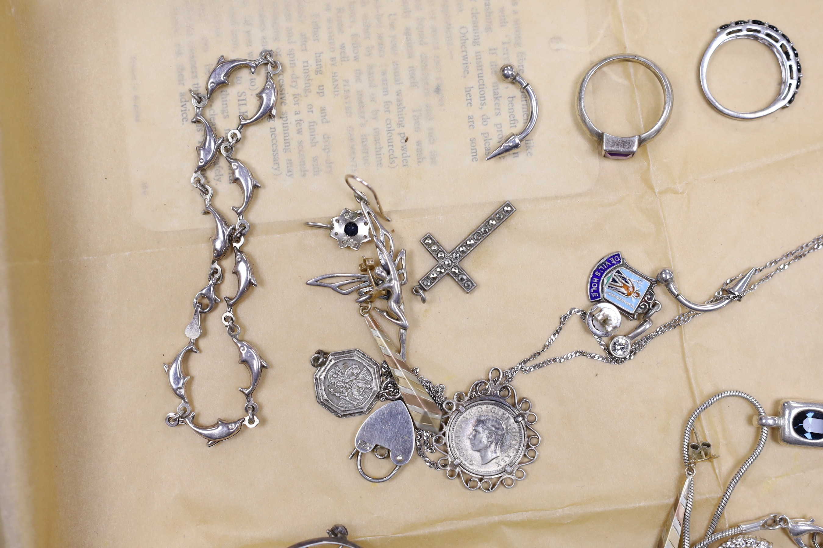 A collection of assorted silver and white metal jewellery, including marcasite